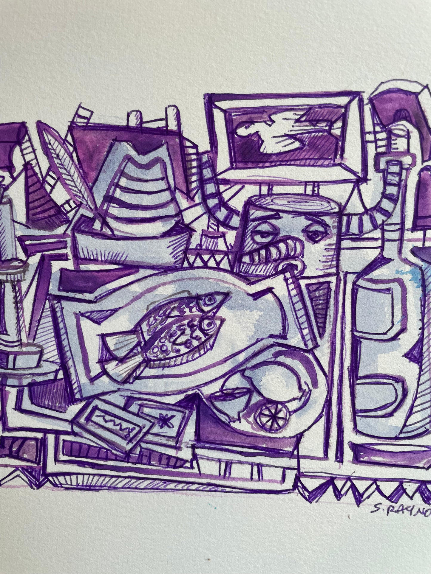 Playful Purple Abstract Still Life | 5x7 Ink & Wash Drawing of Studio Objects | Original Artwork