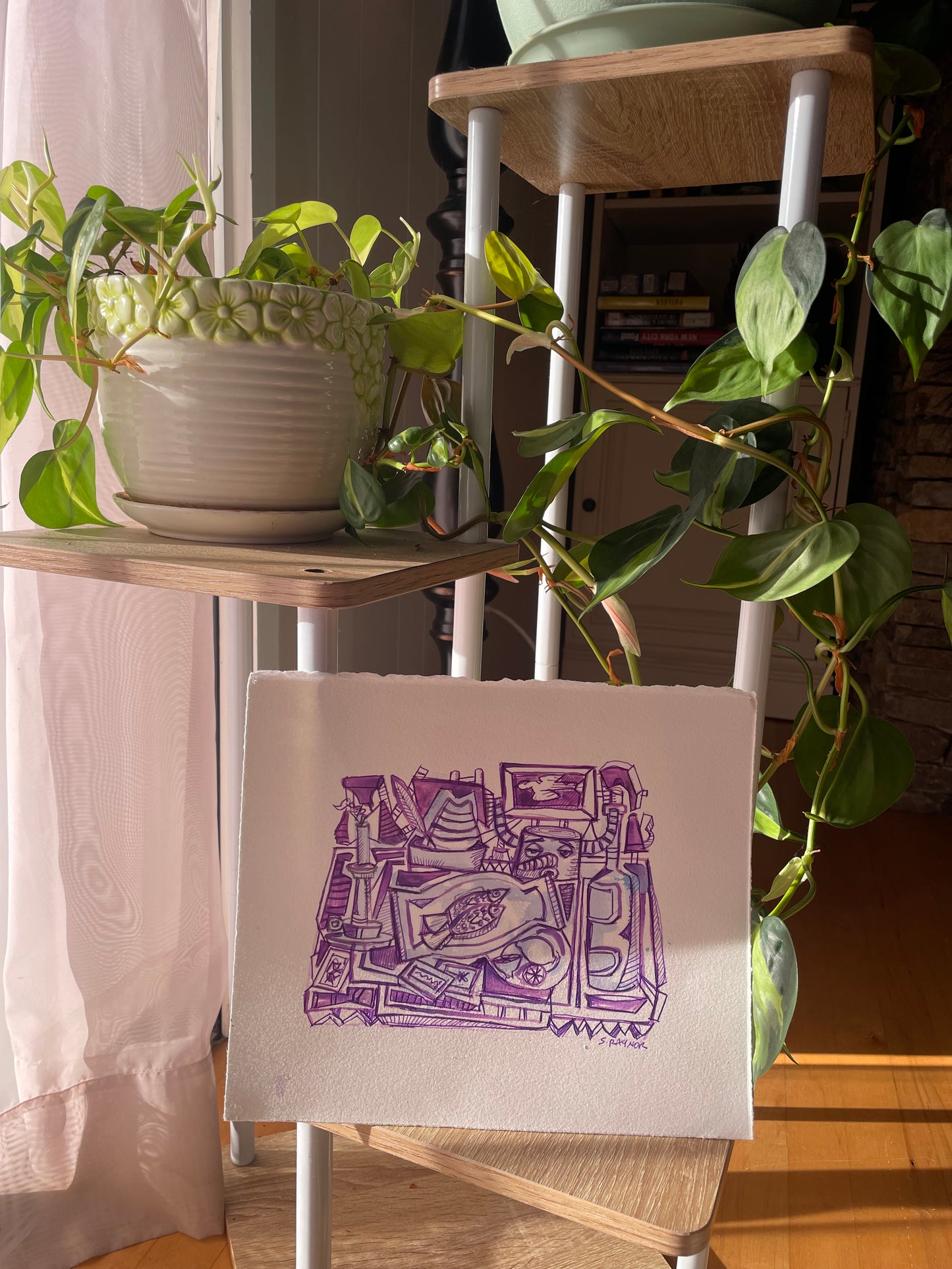 Playful Purple Abstract Still Life | 5x7 Ink & Wash Drawing of Studio Objects | Original Artwork