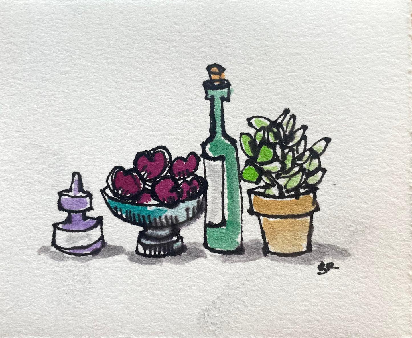 Miniature Watercolor Still Life | 3.5x4 Original Painting of Ink Bottle, Plums, Wine & Plant