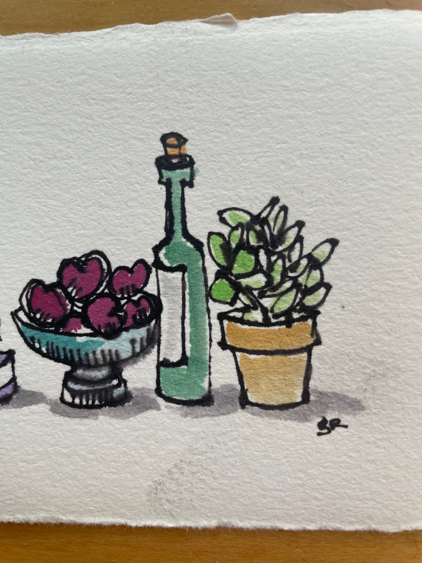 Miniature Watercolor Still Life | 3.5x4 Original Painting of Ink Bottle, Plums, Wine & Plant