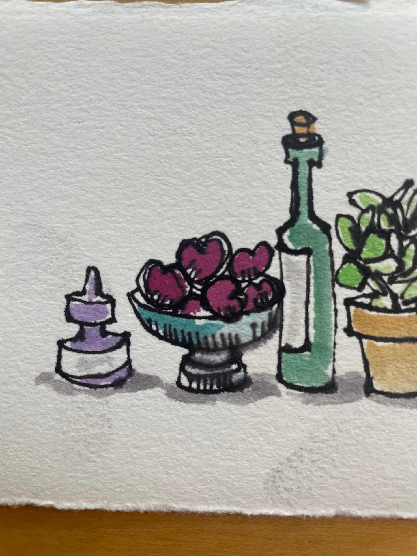 Miniature Watercolor Still Life | 3.5x4 Original Painting of Ink Bottle, Plums, Wine & Plant