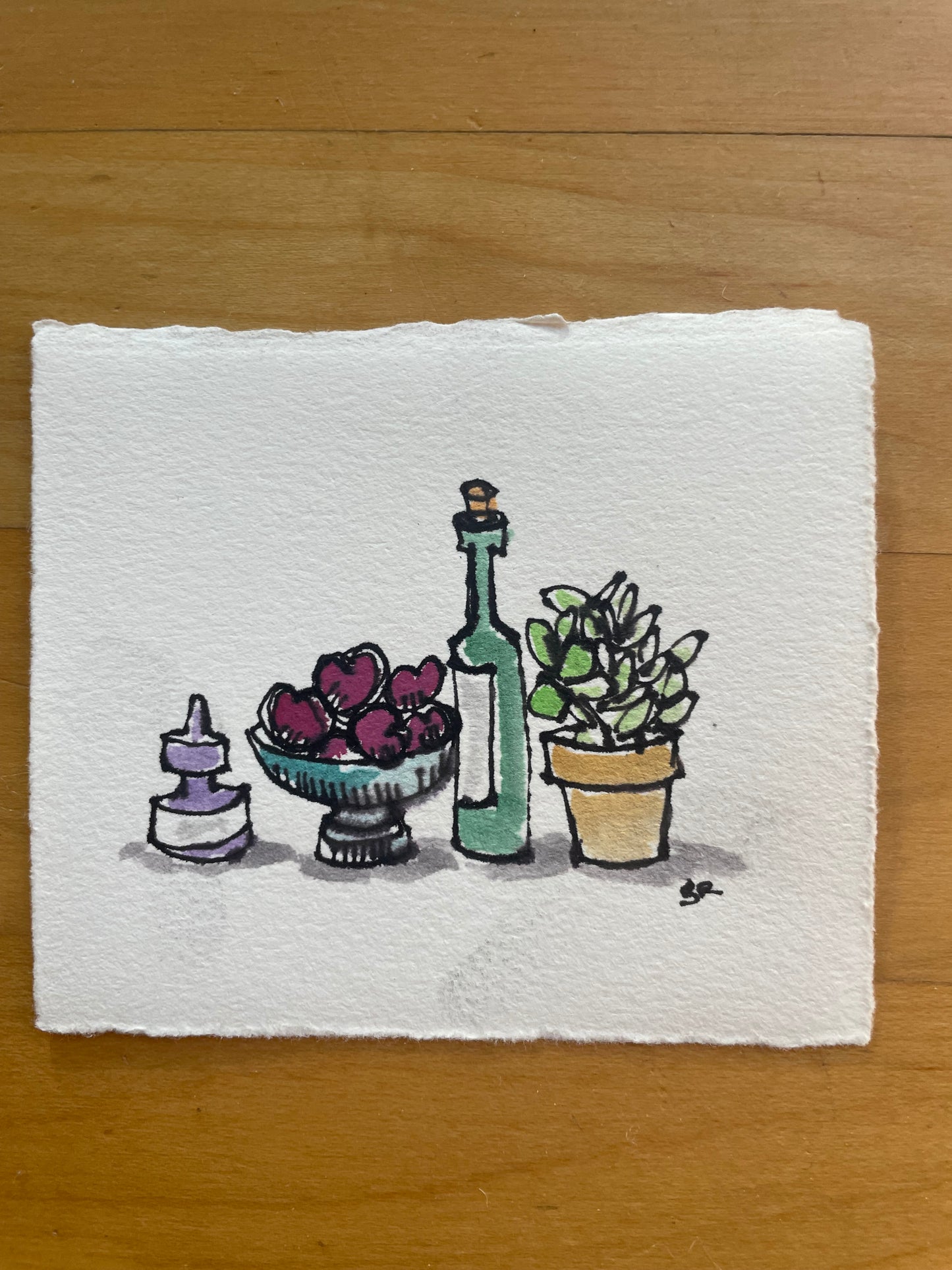 Miniature Watercolor Still Life | 3.5x4 Original Painting of Ink Bottle, Plums, Wine & Plant