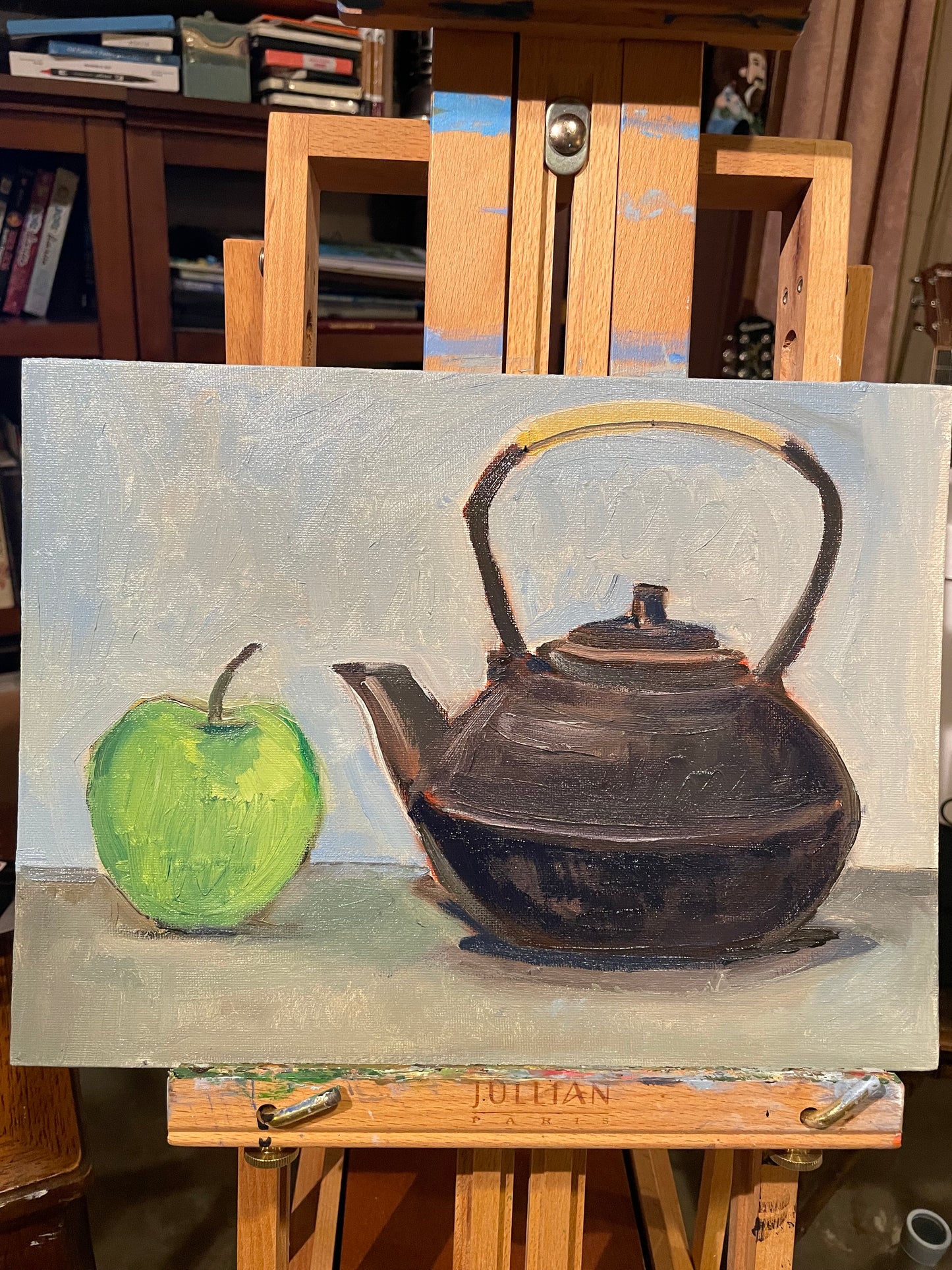 Green Apple and Japanese Teapot, Oil on canvas panel, 9x12 inches original painting