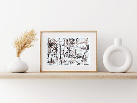 Late Summer Trees by the Water – Original 3.5x5 Walnut Ink Drawing on Watercolor Paper