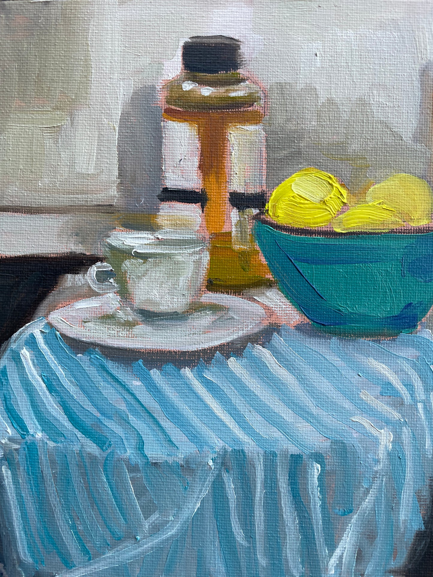 Stripes and Coffee, Oil on canvas panel, #47 of 100 Paintings in 100 Days