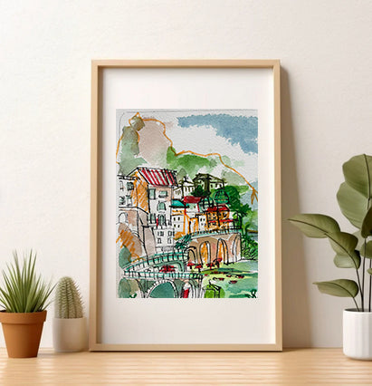 Amalfi coast watercolor - original watercolor and pen and ink