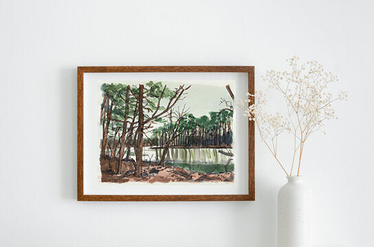 At Pond’s Edge – Original 7x9 Watercolor Landscape Painting | Woodland Pond Scene | Expressive Ink & Wash