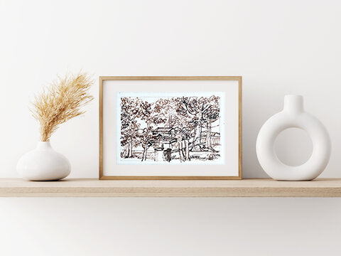 Feeding the Birds – 3.5x5 Walnut Ink Drawing in Da Vinci Notebook Style on Watercolor Paper