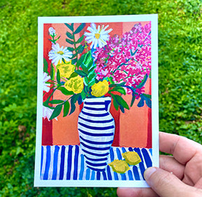 Blue Striped Vase, High Quality Linen Print, 5x7 inches