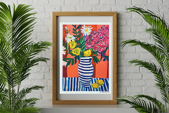 Blue Striped Vase, High Quality Linen Print, 5x7 inches