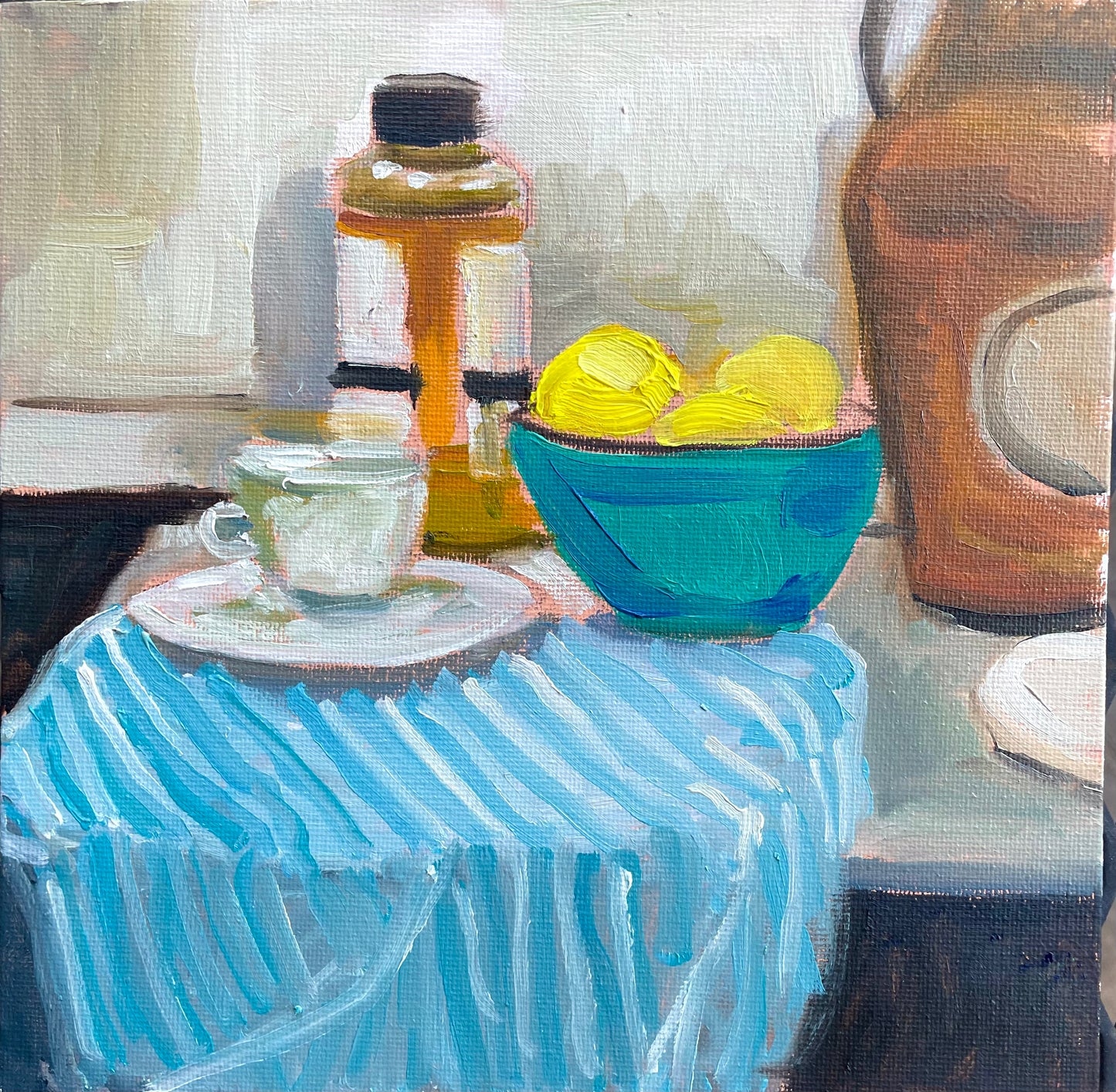 Stripes and Coffee, Oil on canvas panel, #47 of 100 Paintings in 100 Days