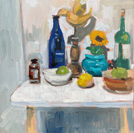 Arrangement with Wooden Bird, Oil on canvas panel, #45 of 100 Paintings in 100 Days