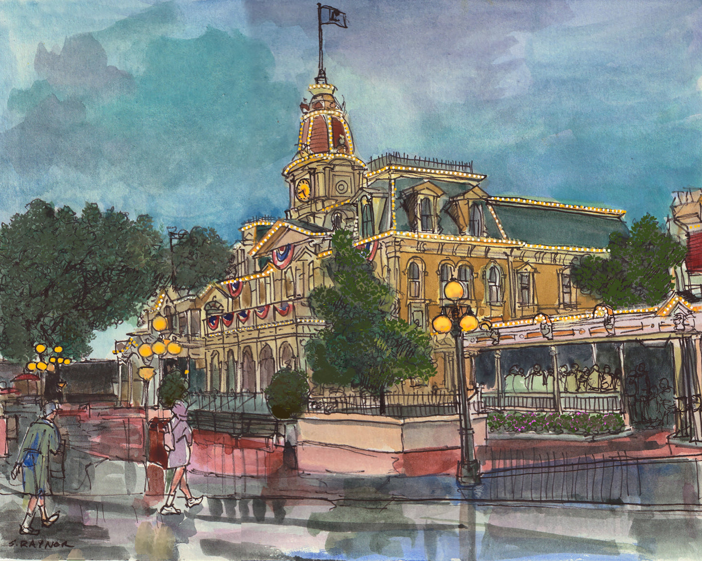 Rainy Dusk City Hall Print, Magic Kingdom Watercolor Art (5x7 Archival)