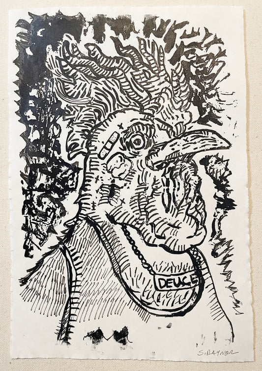 Deuce the Rooster, Hand Drawing over original Screenprint