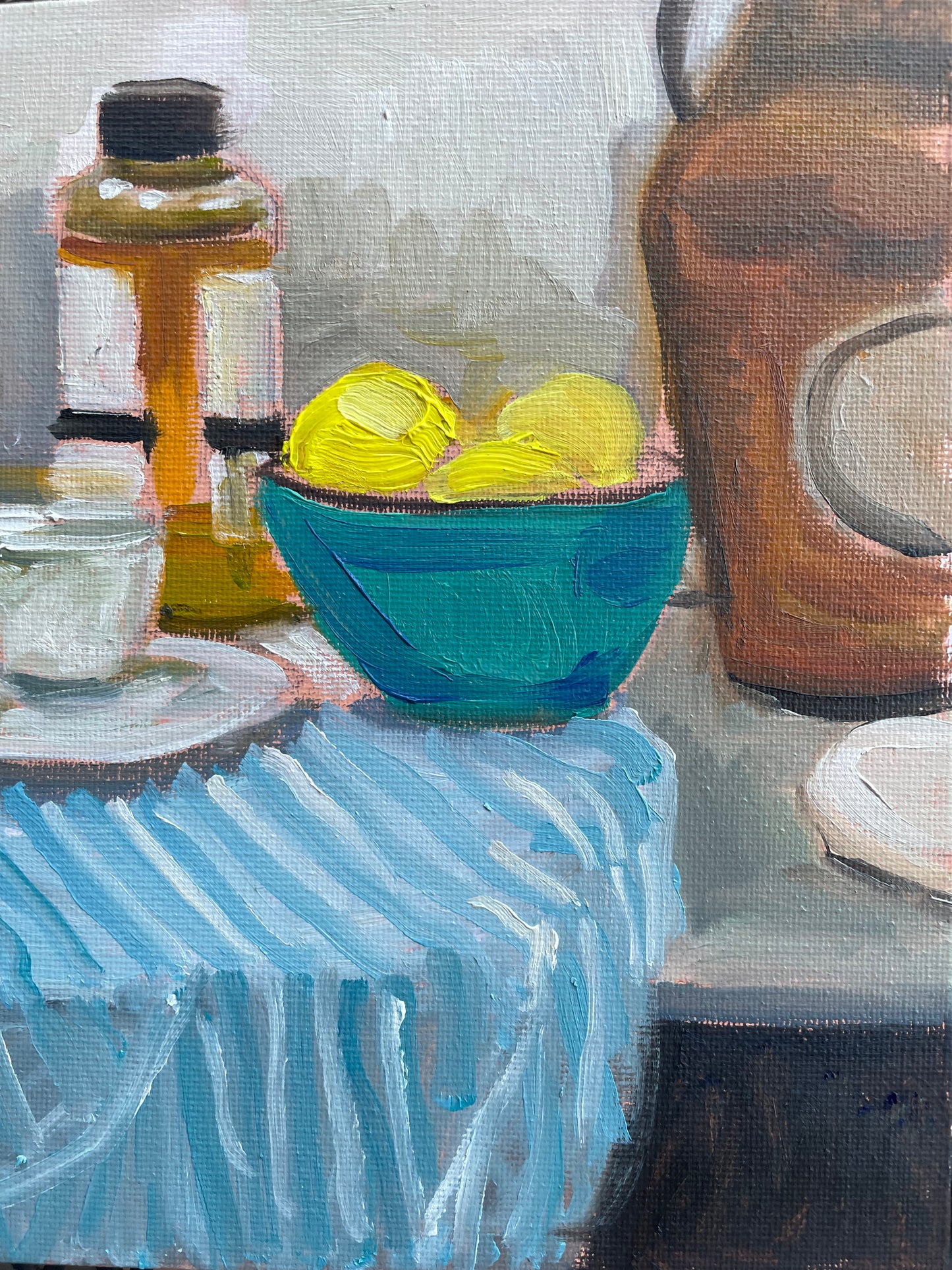 Stripes and Coffee, Oil on canvas panel, #47 of 100 Paintings in 100 Days