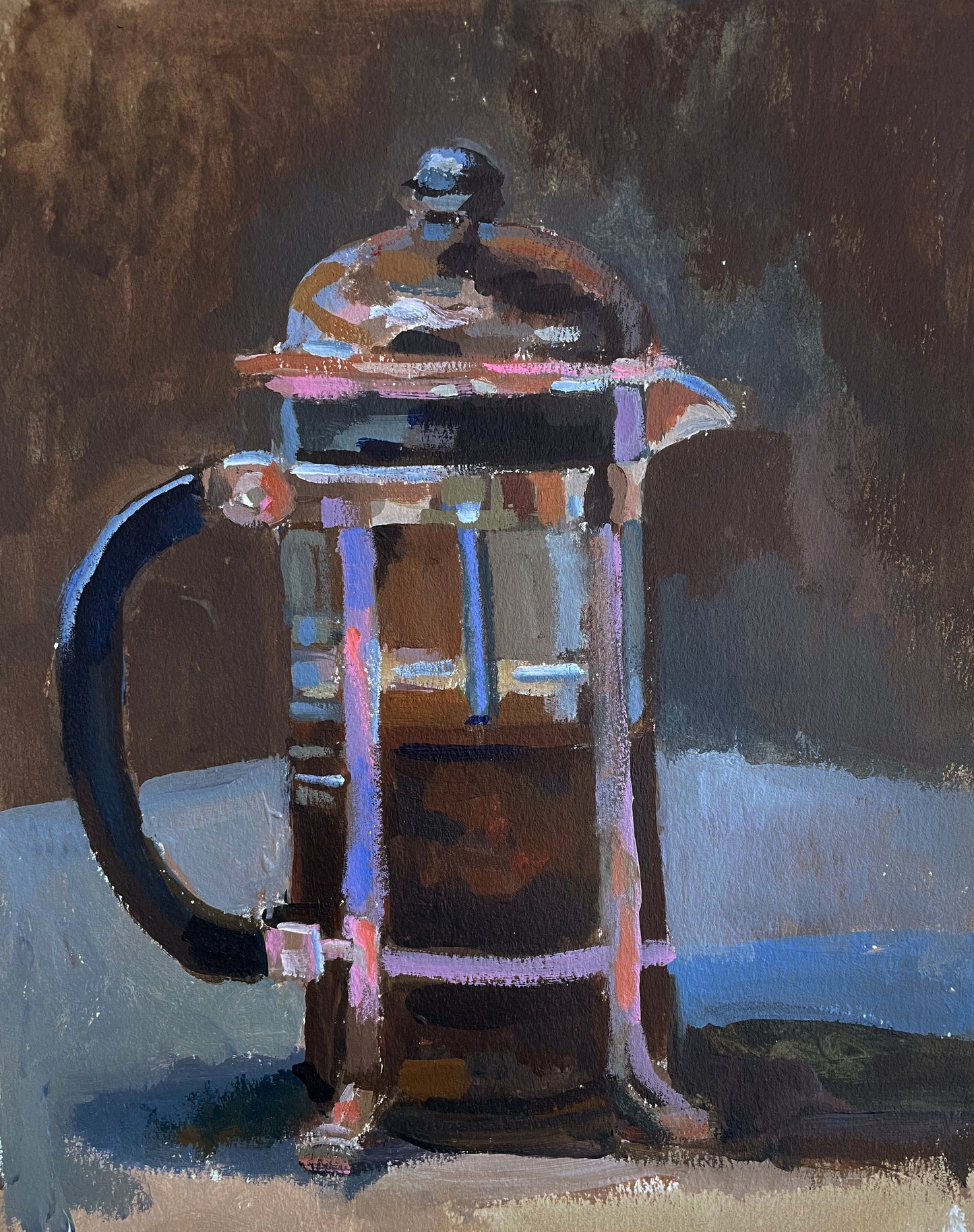French Press Coffee Painting Print, Expressive Still Life Art (5x7 inches)
