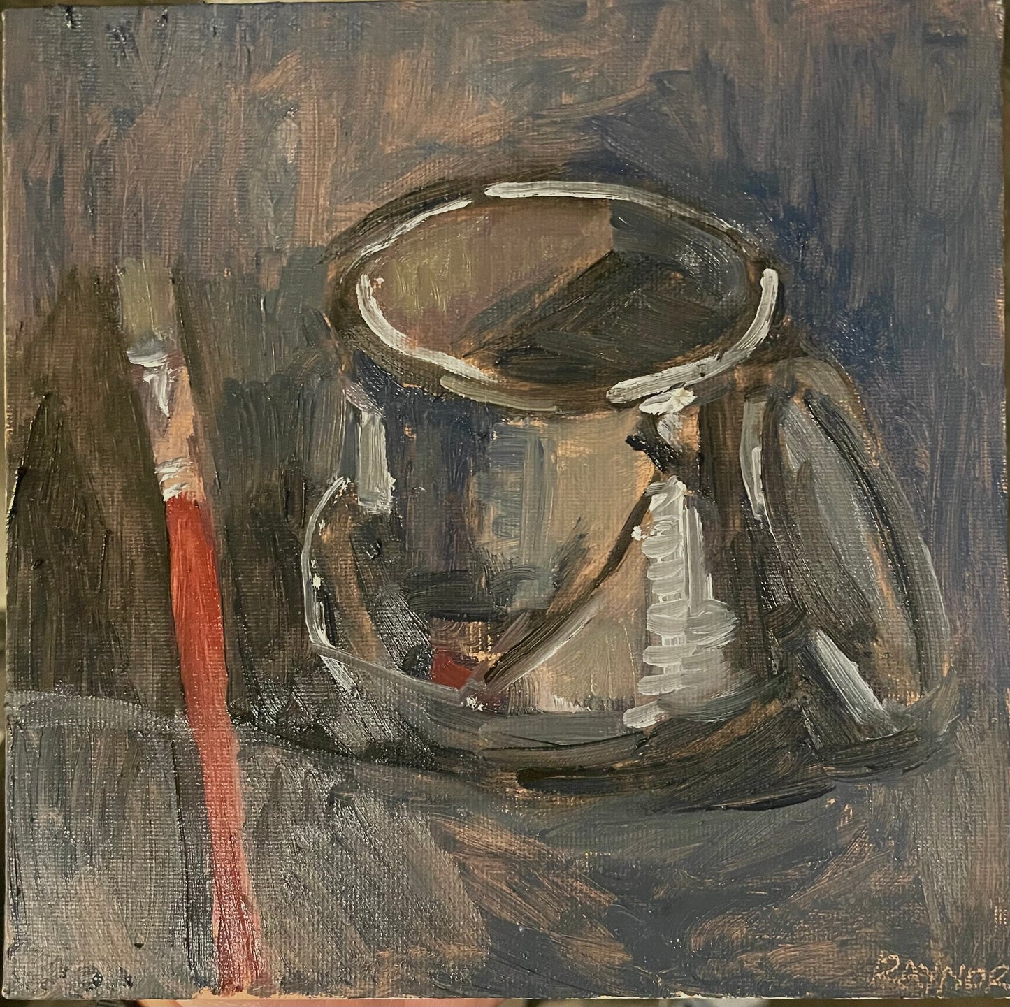 Paint Cup and Brush, Oil on canvas panel, 8x8 inches original painting