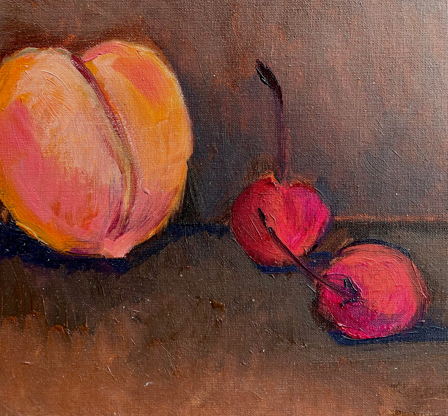 Peach and Two Cherries, Oil on canvas panel, #6 of 100 Paintings in 100 Days