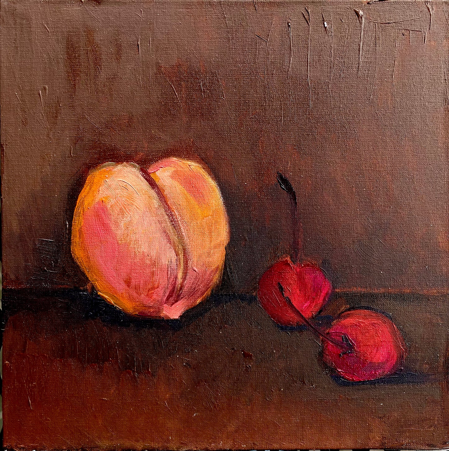 Peach and Two Cherries, Oil on canvas panel, #6 of 100 Paintings in 100 Days