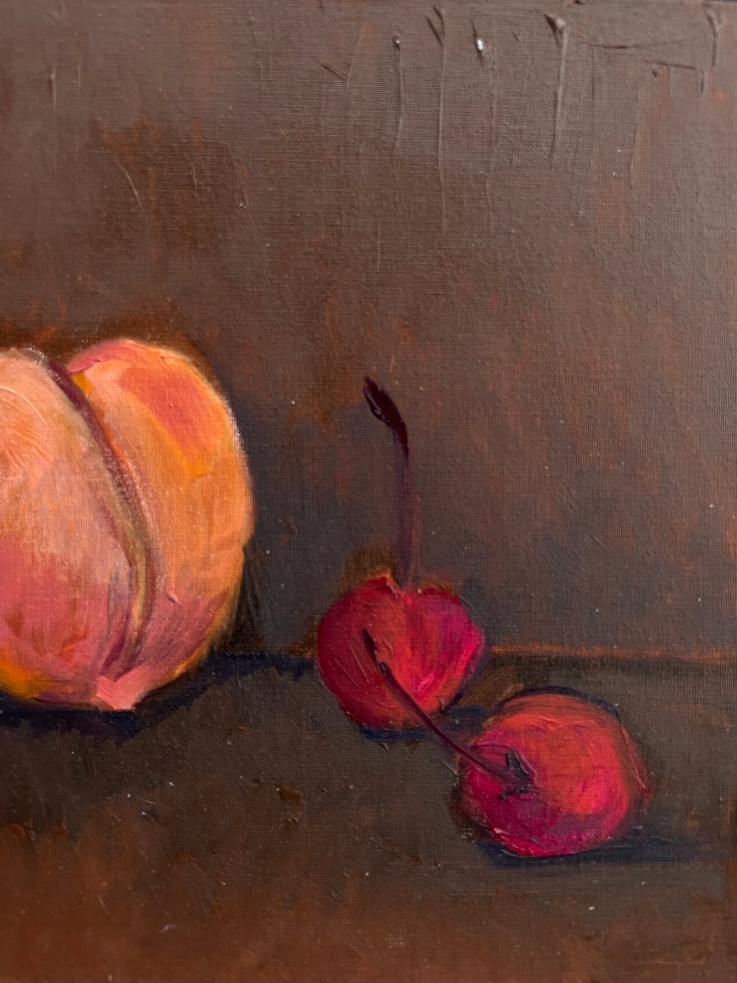 Peach and Two Cherries, Oil on canvas panel, #6 of 100 Paintings in 100 Days