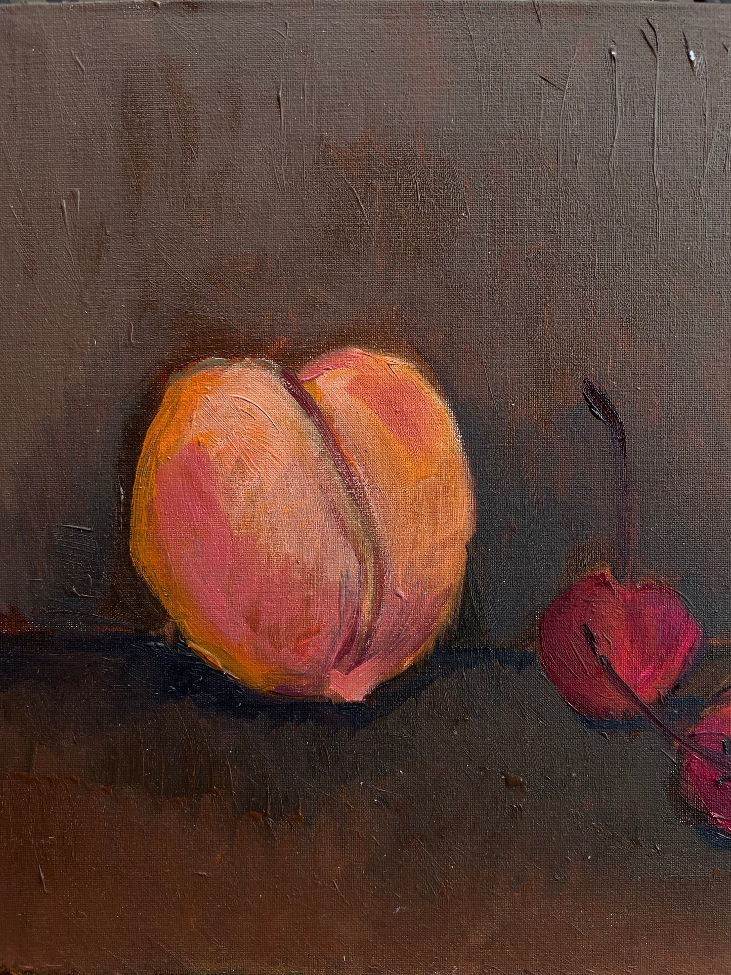 Peach and Two Cherries, Oil on canvas panel, #6 of 100 Paintings in 100 Days