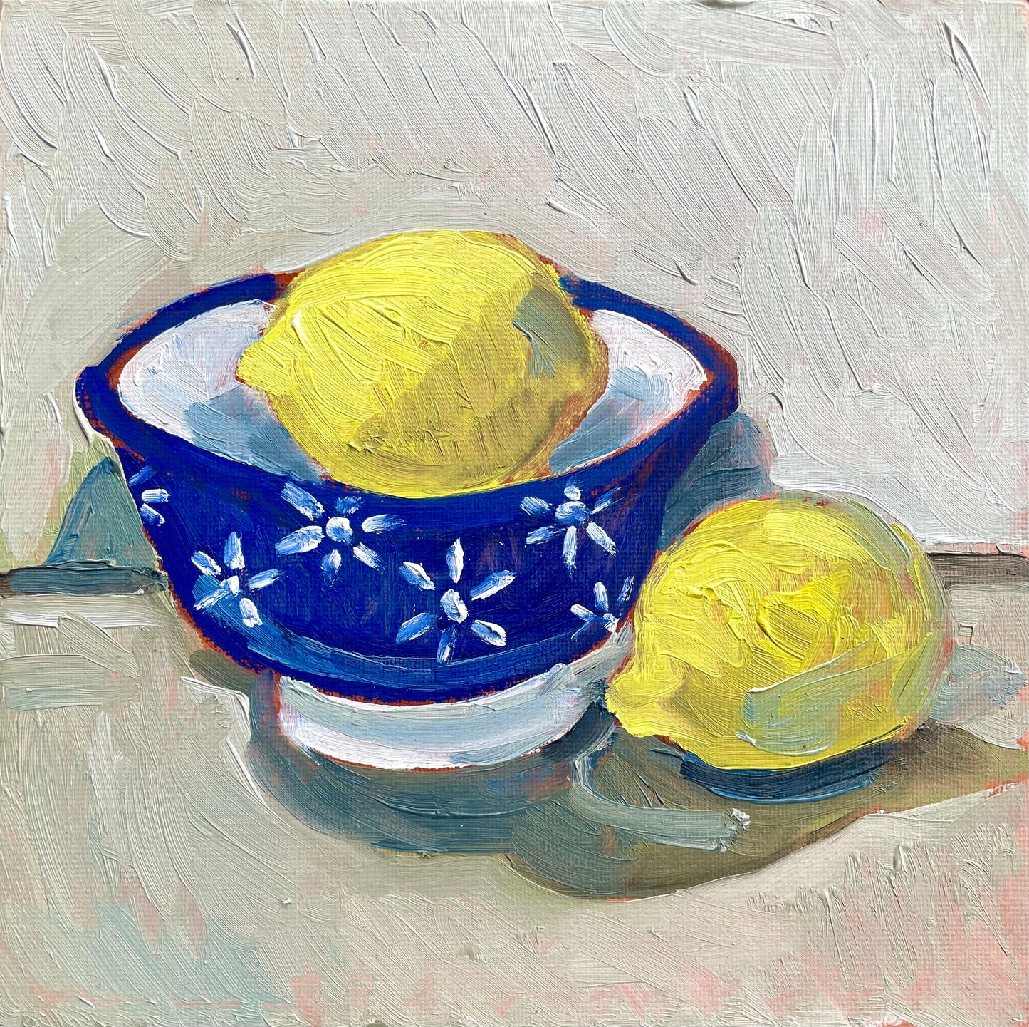 Lemons in a Blue Bowl, Oil on canvas panel, #14 of 100 Paintings in 100 Days