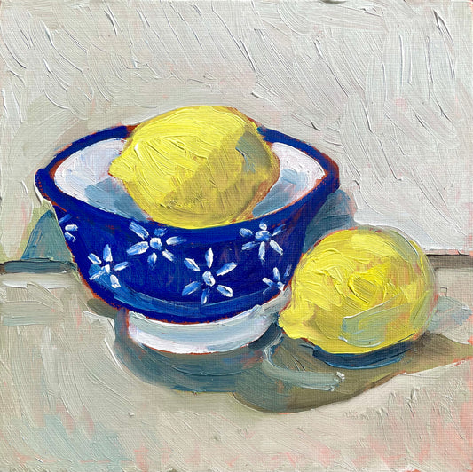 Lemons in a Blue Bowl, Oil on canvas panel, #14 of 100 Paintings in 100 Days
