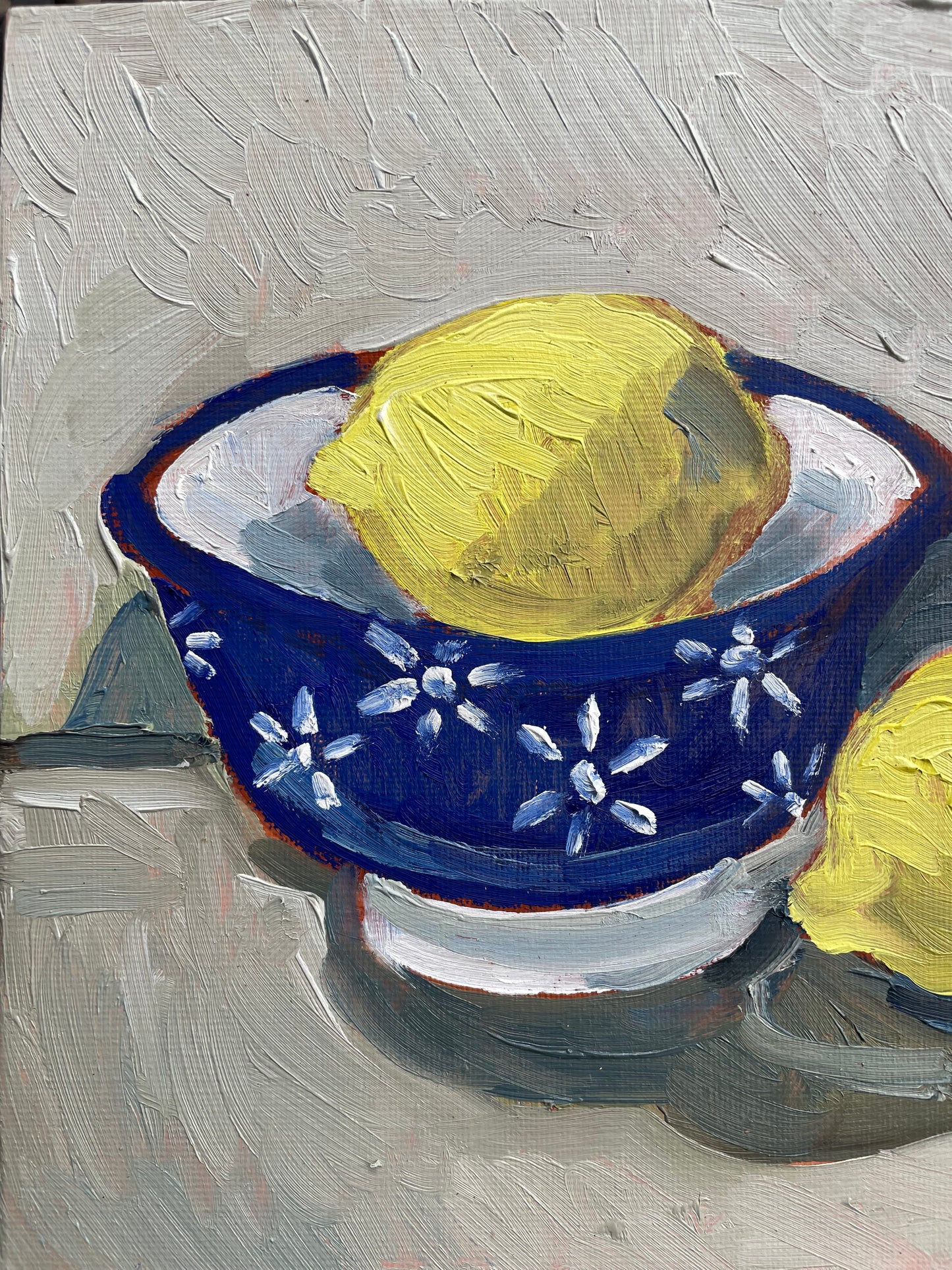Lemons in a Blue Bowl, Oil on canvas panel, #14 of 100 Paintings in 100 Days