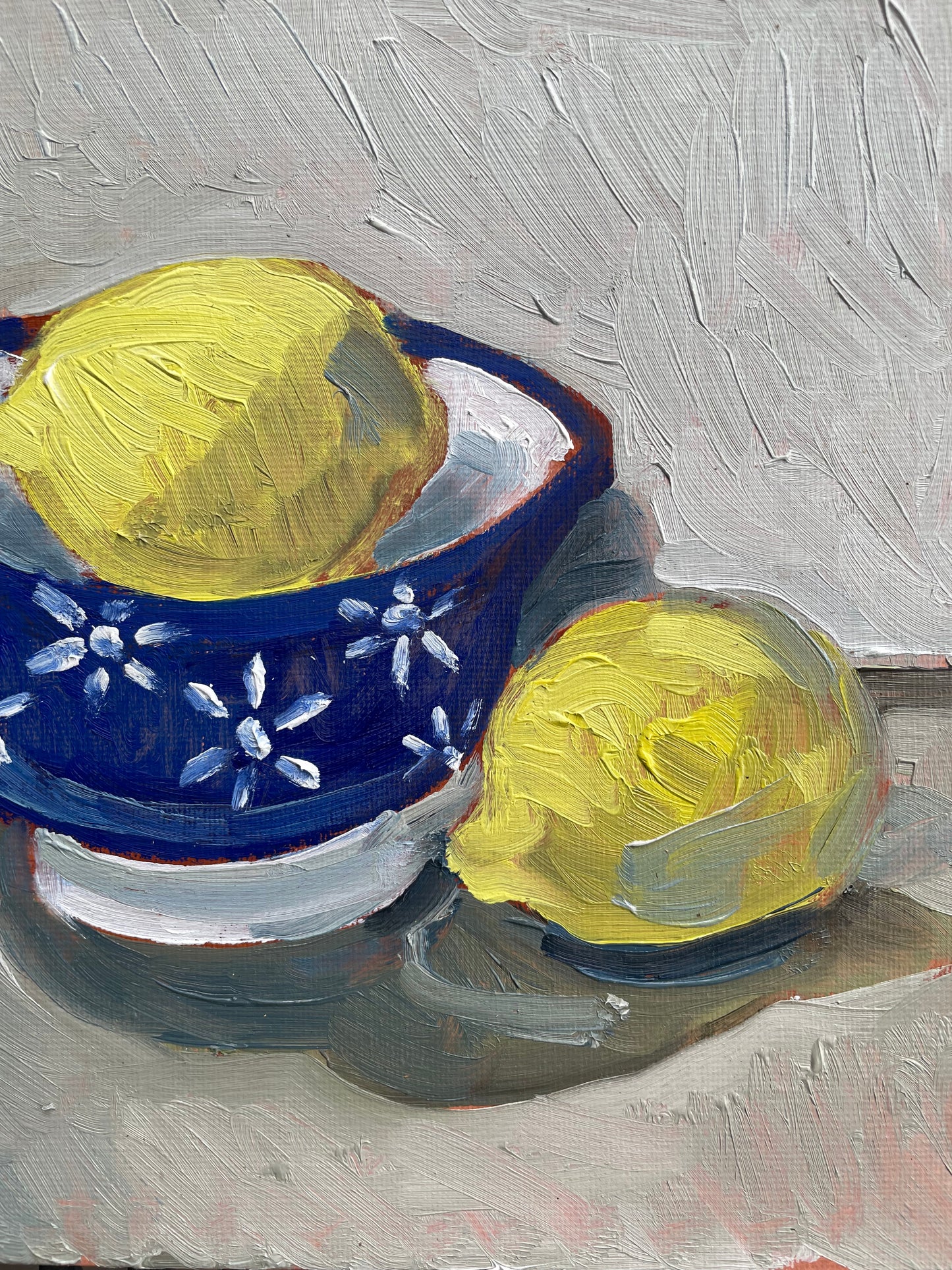 Lemons in a Blue Bowl, Oil on canvas panel, #14 of 100 Paintings in 100 Days