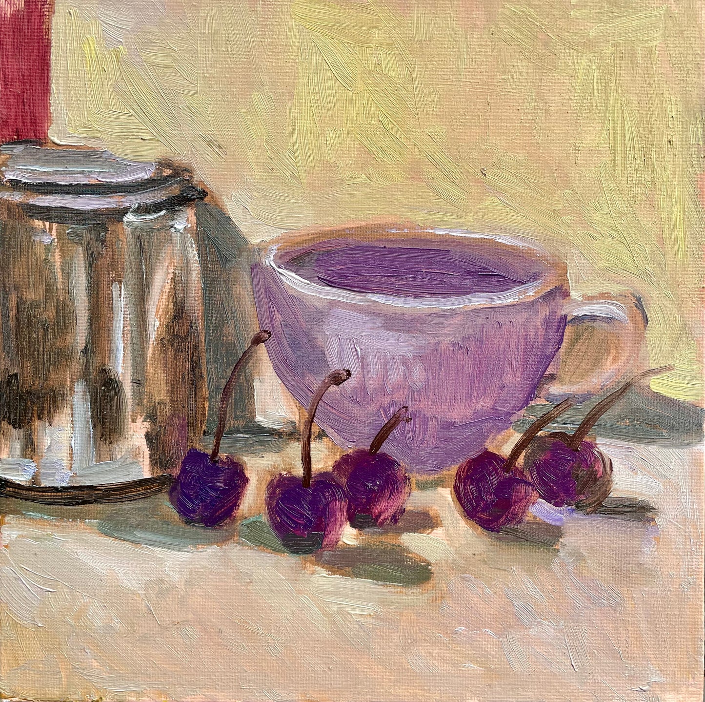 Cherries, Lavender Tea Cup, and Venetian Turpentine, Oil on canvas panel, #19 of 100 Paintings in 100 Days