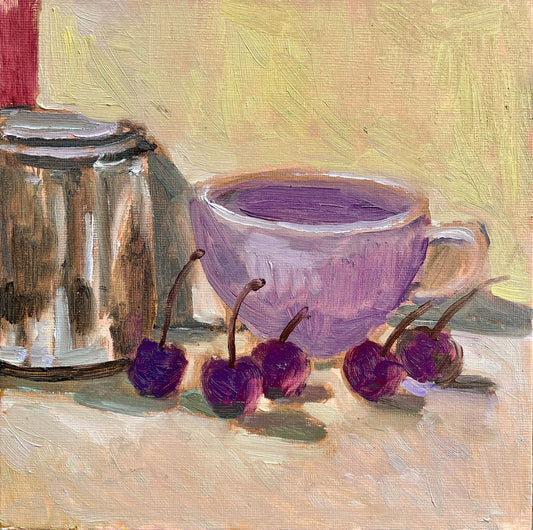Cherries, Lavender Tea Cup, and Venetian Turpentine, Oil on canvas panel, #19 of 100 Paintings in 100 Days