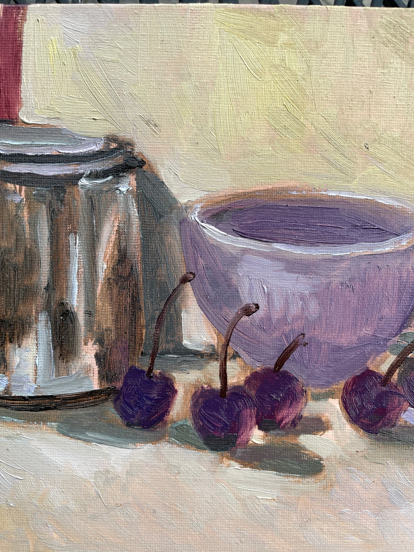 Cherries, Lavender Tea Cup, and Venetian Turpentine, Oil on canvas panel, #19 of 100 Paintings in 100 Days