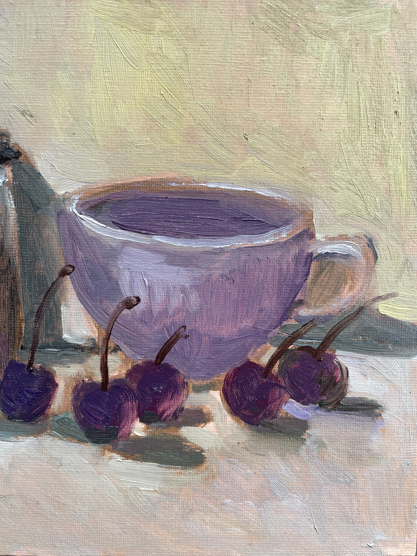 Cherries, Lavender Tea Cup, and Venetian Turpentine, Oil on canvas panel, #19 of 100 Paintings in 100 Days