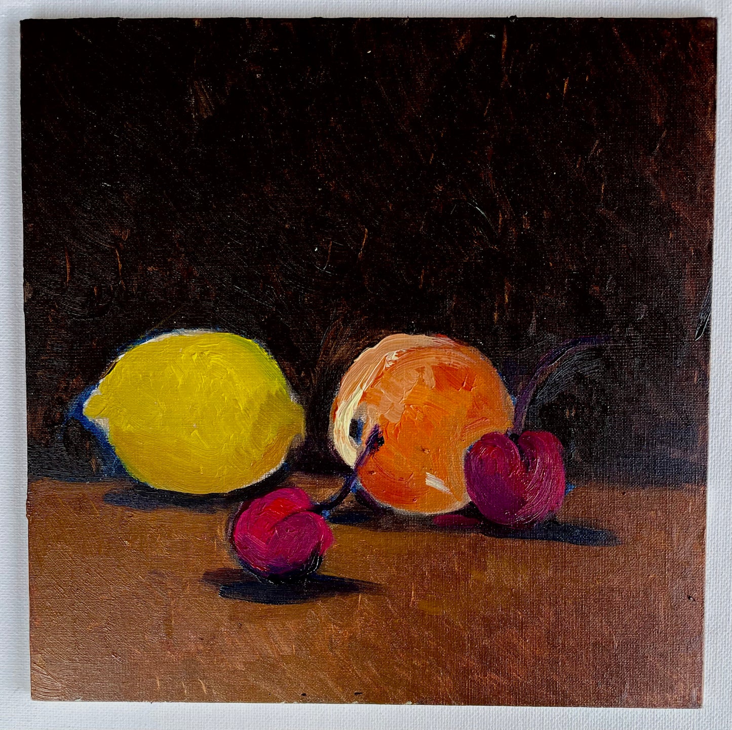 Lemon, Peach, and Two Cherries, Oil on canvas panel, #7 of 100 Paintings in 100 Days