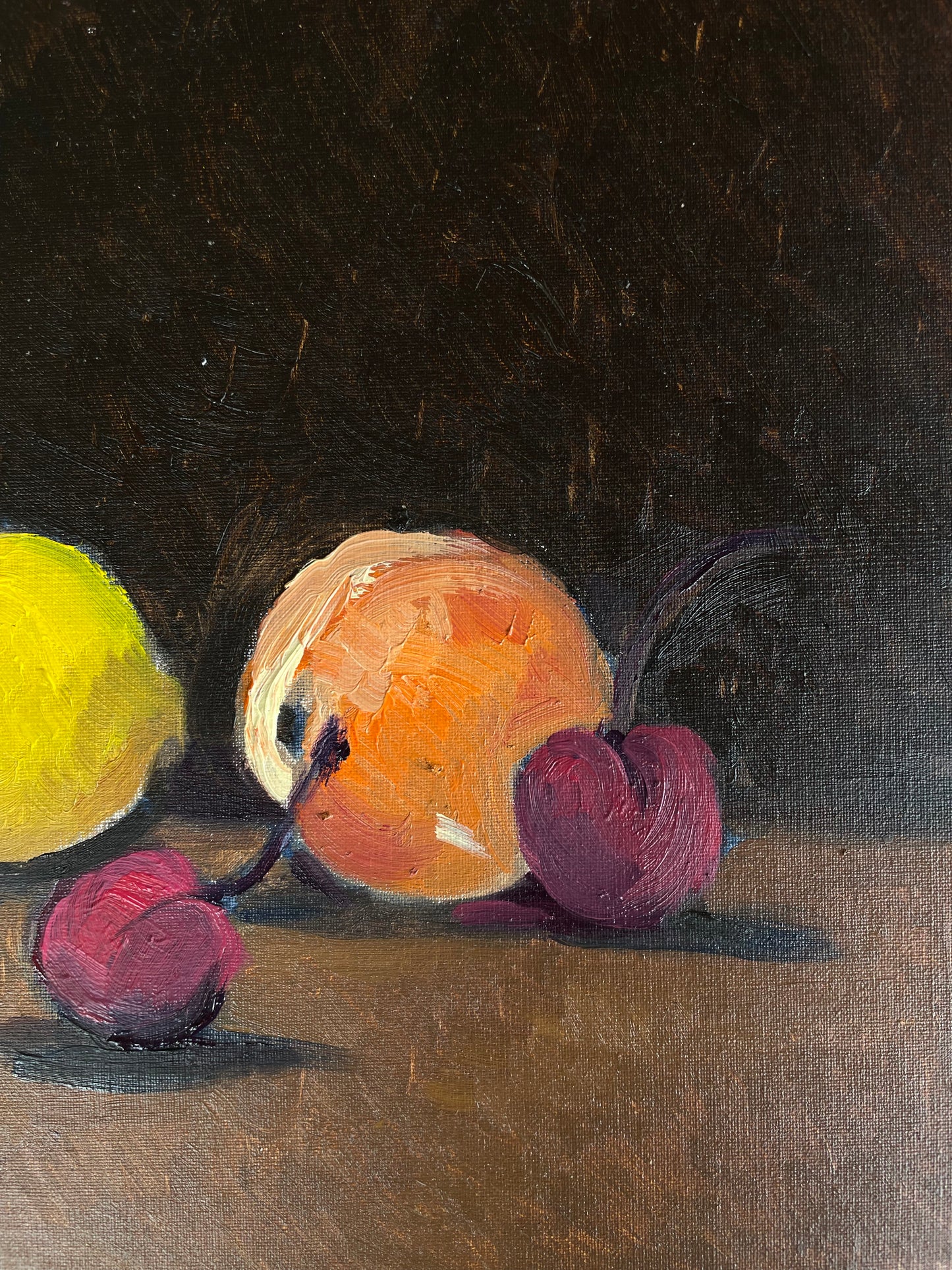 Lemon, Peach, and Two Cherries, Oil on canvas panel, #7 of 100 Paintings in 100 Days