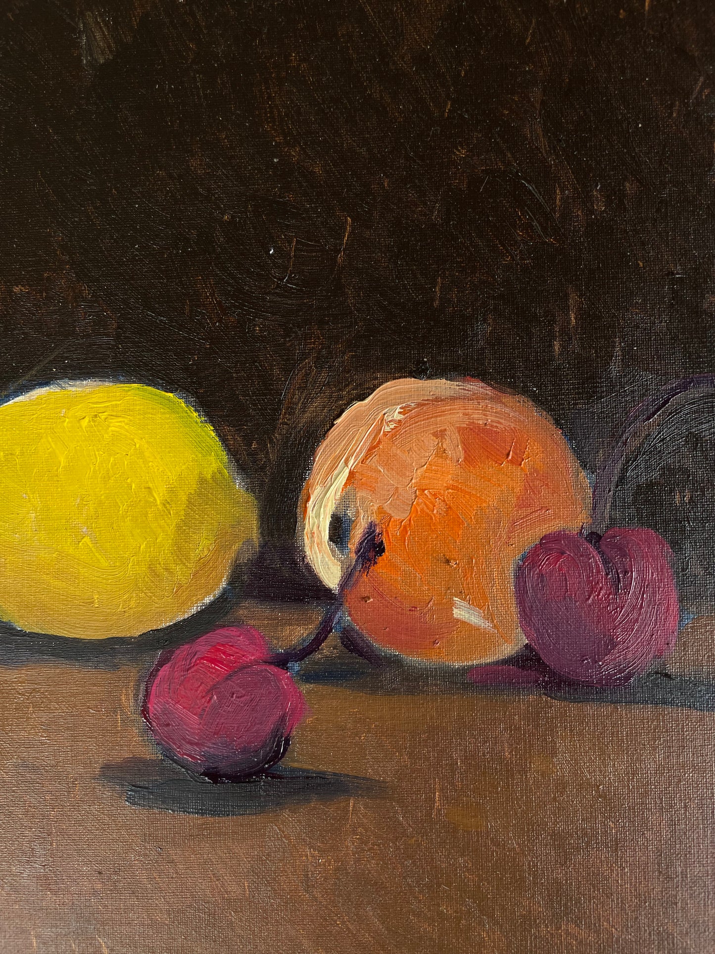 Lemon, Peach, and Two Cherries, Oil on canvas panel, #7 of 100 Paintings in 100 Days