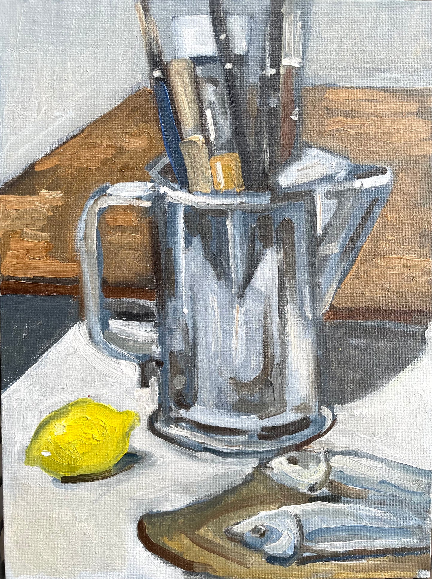 Pewtar Brush Holder, Oil on canvas panel, #1 of the Life in the Studio series