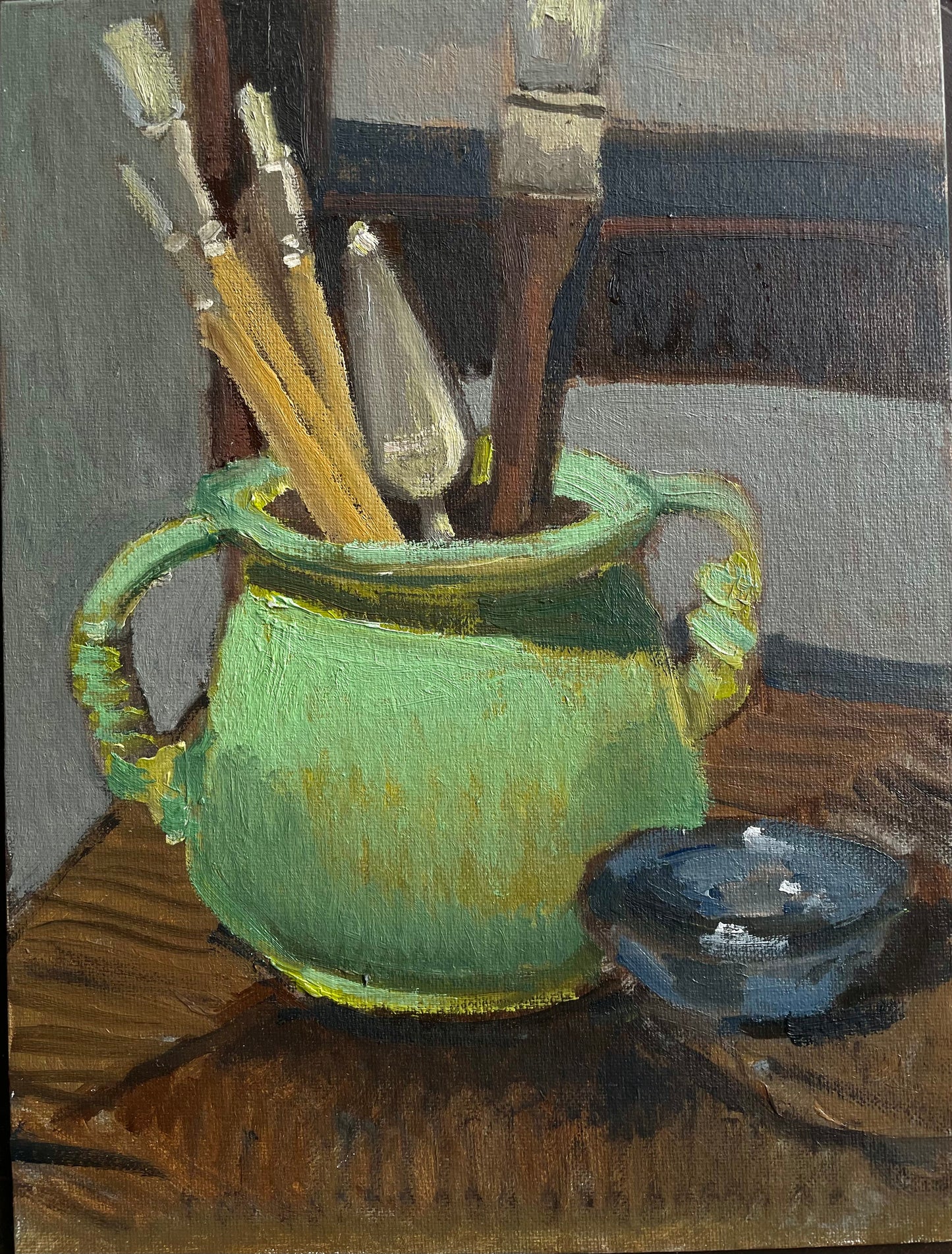Green Brush Jug, Oil on canvas panel, #2 of the Life in the Studio series