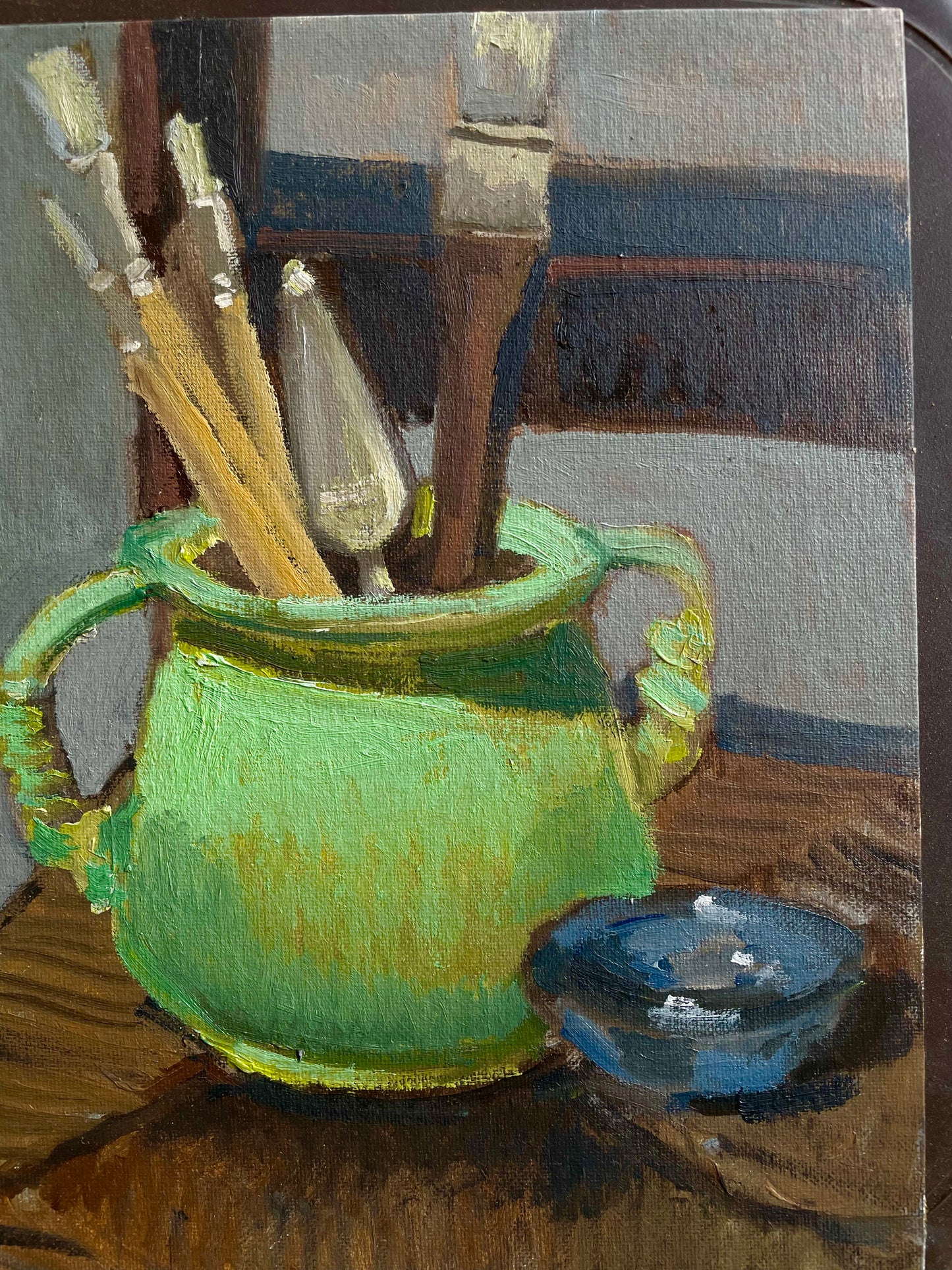 Green Brush Jug, Oil on canvas panel, #2 of the Life in the Studio series