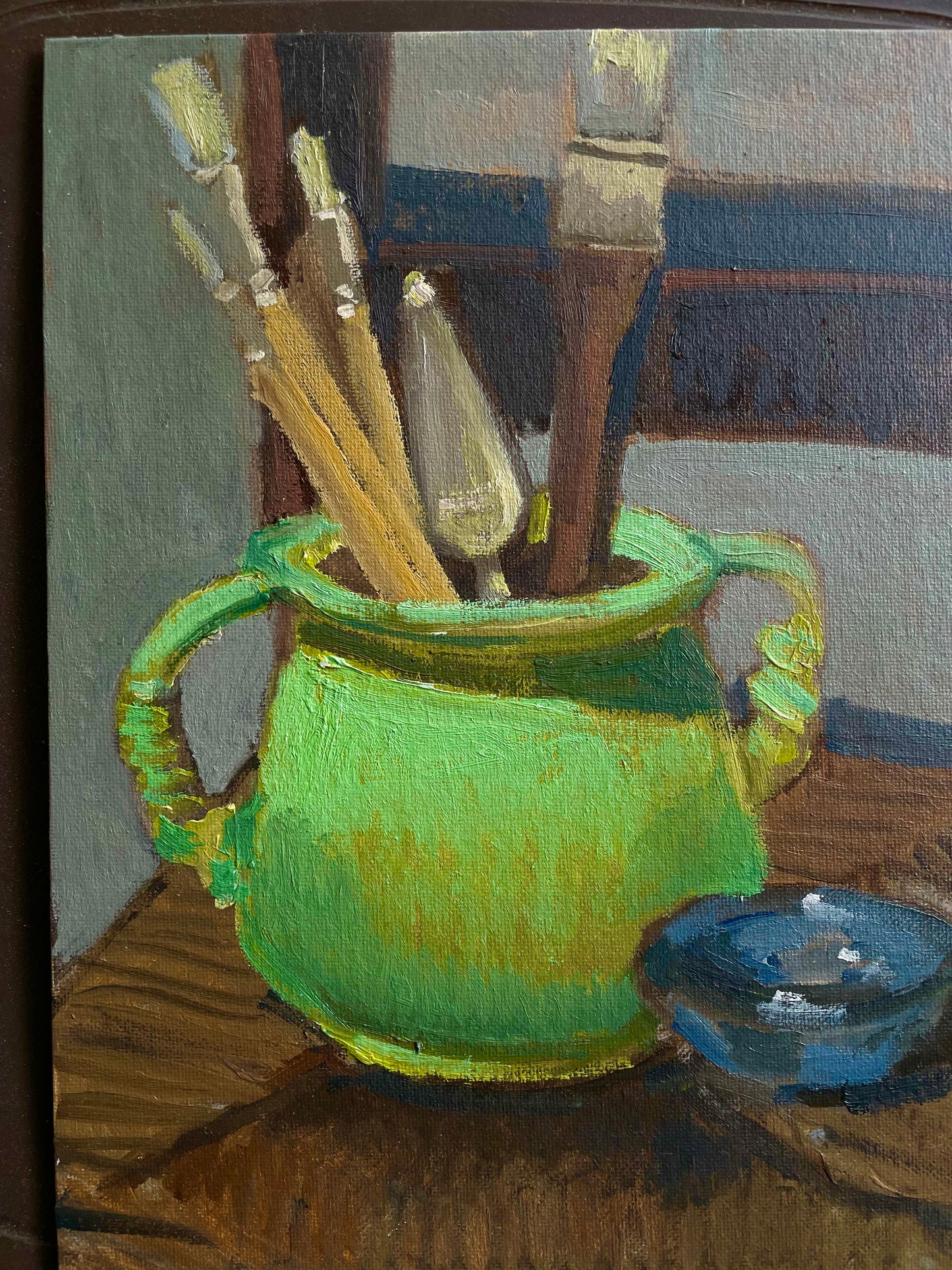 Green Brush Jug, Oil on canvas panel, #2 of the Life in the Studio series