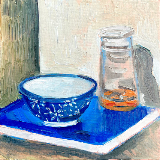 Blue Bowl and Medium, Oil on canvas panel, #22 of 100 Paintings in 100 Days
