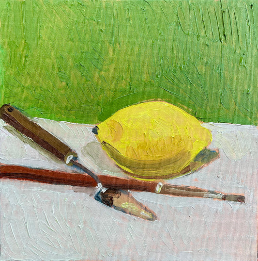 Lemon and Painting Tools, Oil on canvas panel, #26 of 100 Paintings in 100 Days
