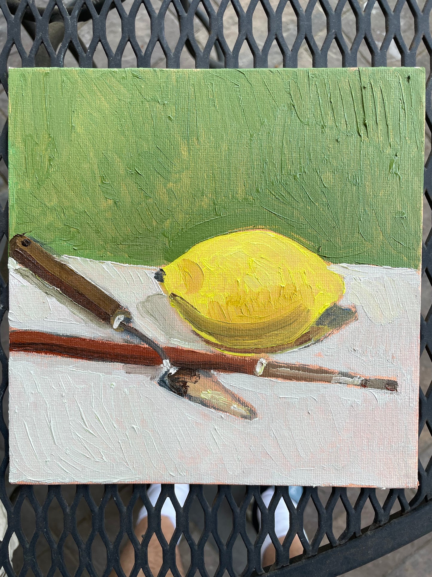 Lemon and Painting Tools, Oil on canvas panel, #26 of 100 Paintings in 100 Days