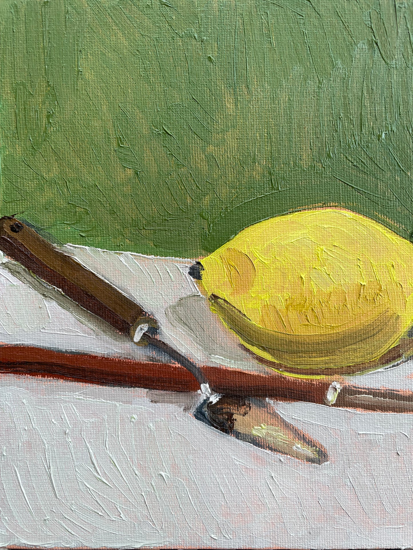 Lemon and Painting Tools, Oil on canvas panel, #26 of 100 Paintings in 100 Days
