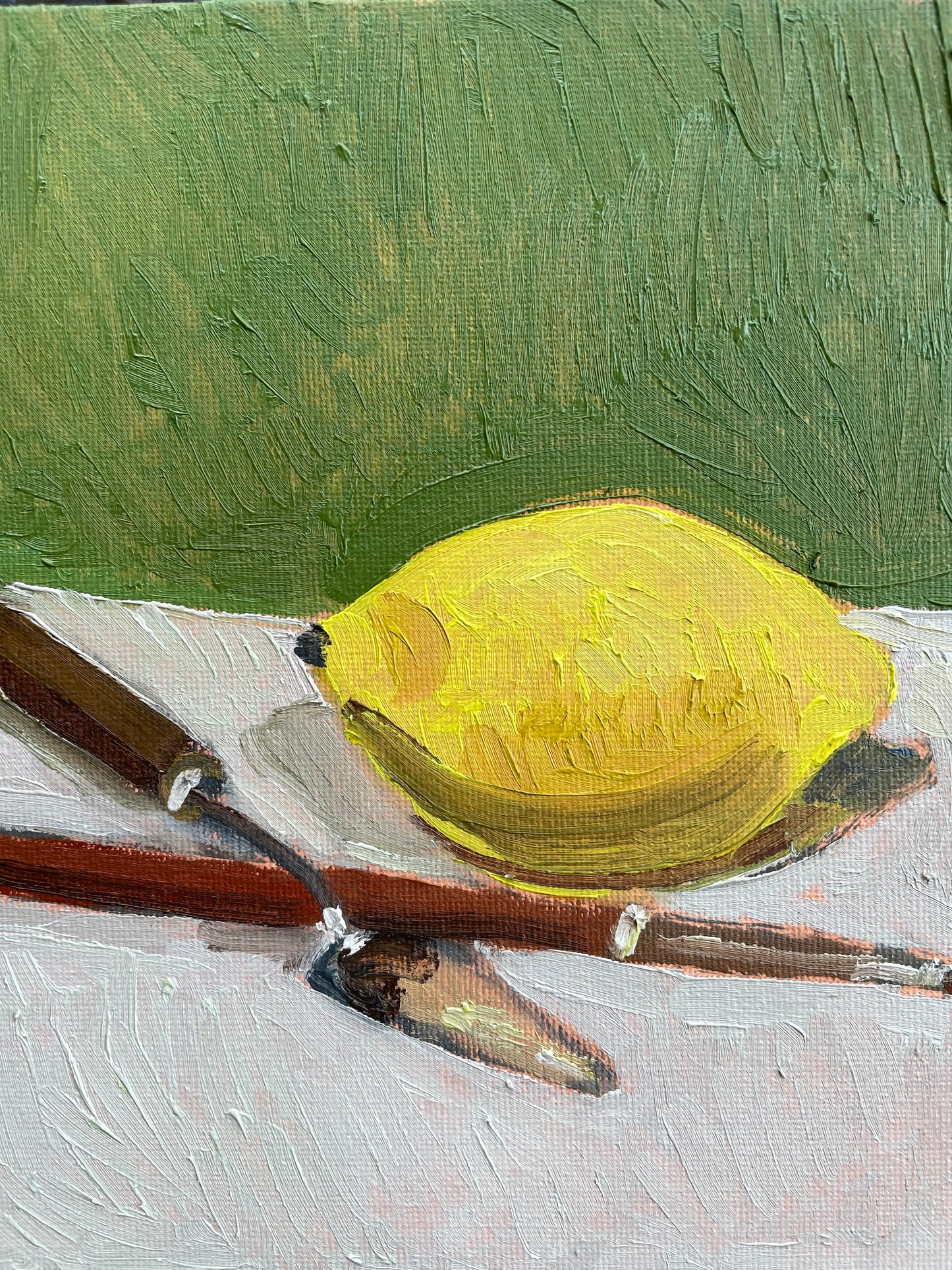 Lemon and Painting Tools, Oil on canvas panel, #26 of 100 Paintings in 100 Days