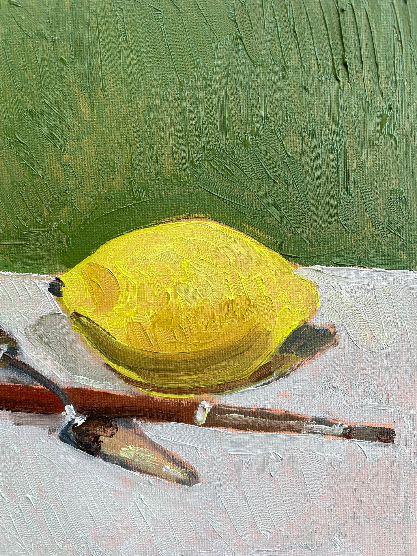 Lemon and Painting Tools, Oil on canvas panel, #26 of 100 Paintings in 100 Days