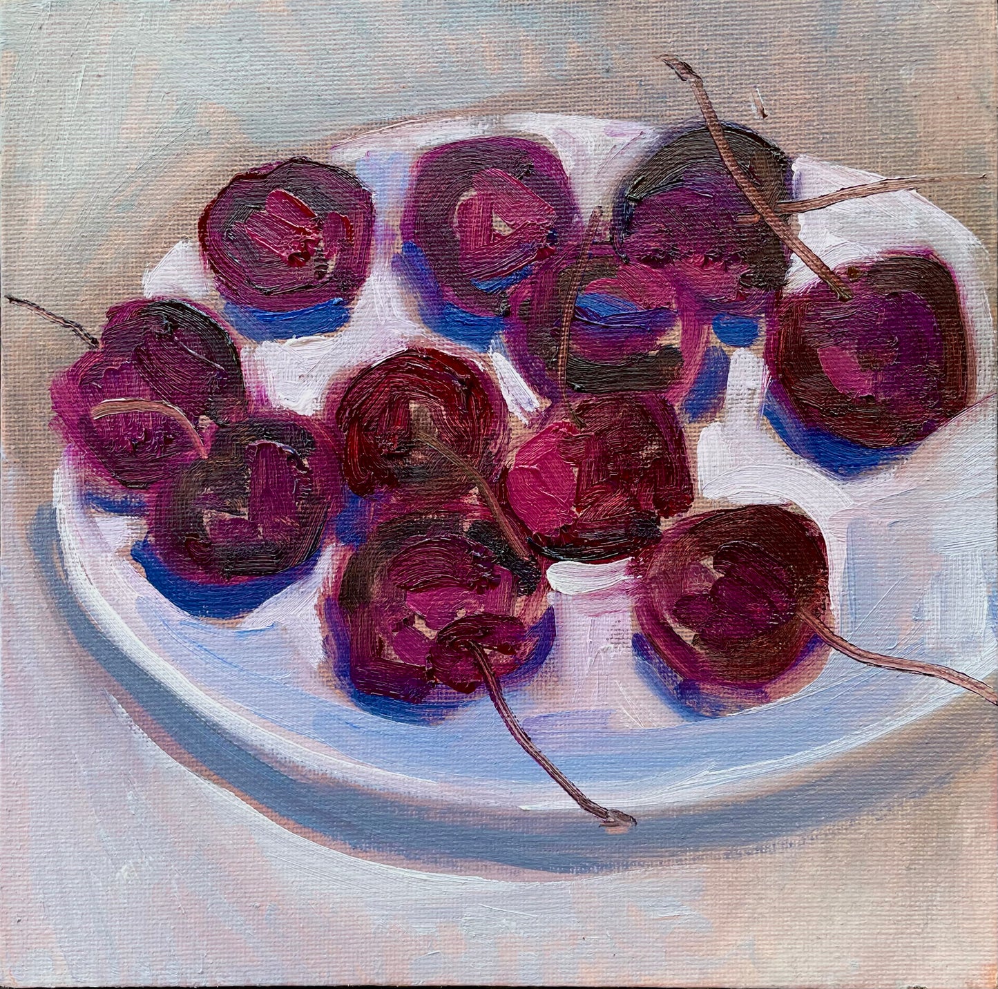 Plate of Cherries, Oil on canvas panel, #31 of 100 Paintings in 100 Days