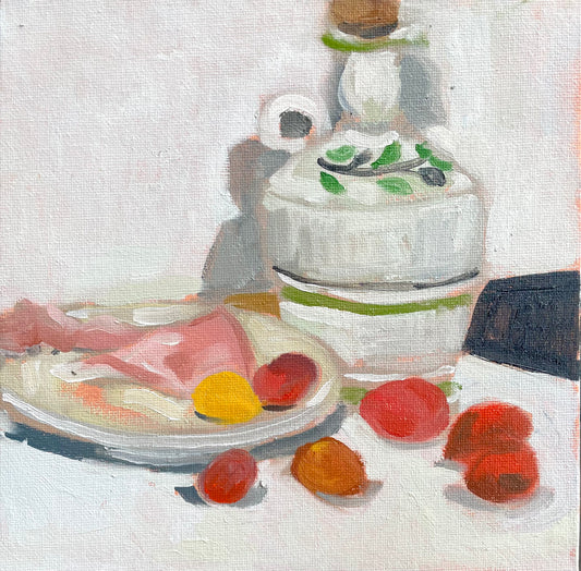 Prosciutto and Olive Oil, Oil on canvas panel, #27 of 100 Paintings in 100 Days
