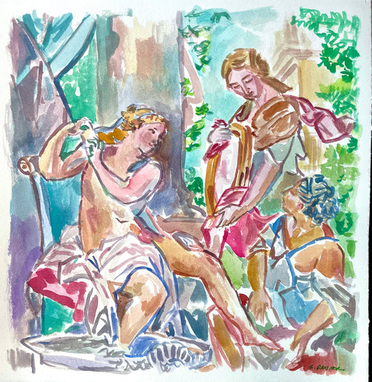 Bathsheba at her Bath - Watercolor Study of Rococo Bathing Scene (Met Museum Inspired) Original Work of Art