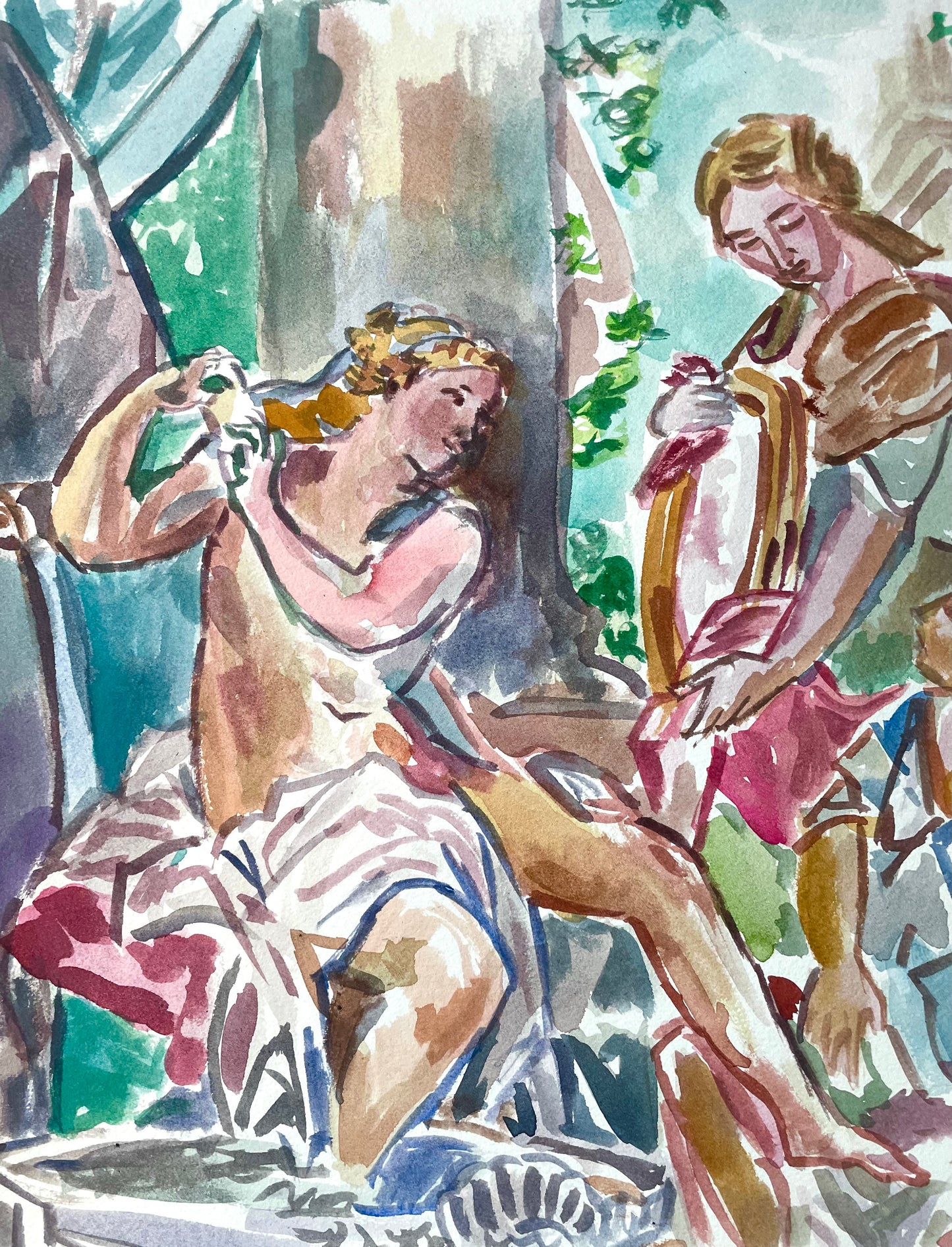 Bathsheba at her Bath - Watercolor Study of Rococo Bathing Scene (Met Museum Inspired) Original Work of Art